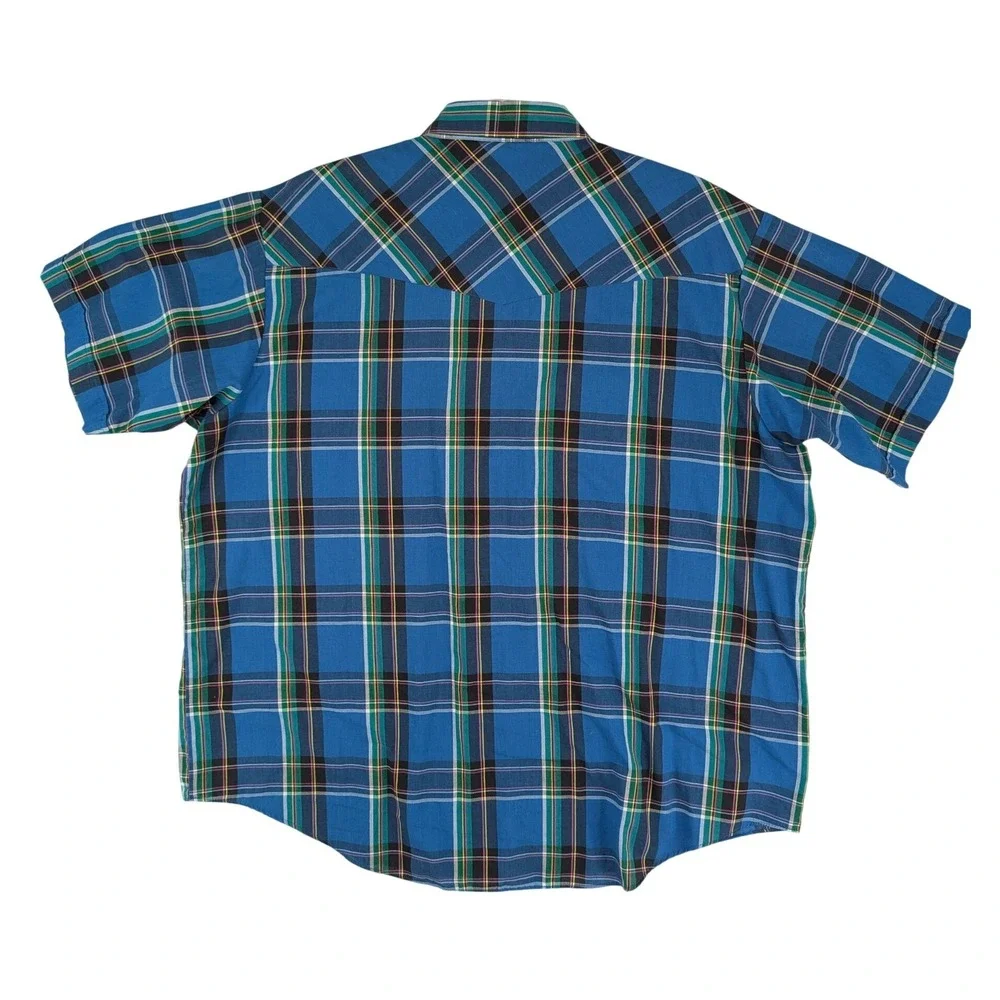 Vintage Plains Western Wear Mens 2X Big‎ Man Blue Plaid SS Pearl Snap Shirt